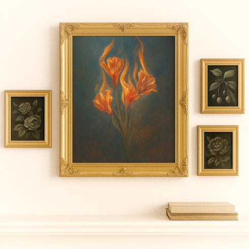 Fine art print featuring glowing orange flowers engulfed in flames, set against a deep blue textured background. Printed on archival 285gsm paper with a velvety watercolor texture. Museum-grade quality. Available in multiple sizes. Vintage-inspired ornate frames not included. Artwork evokes symbolism of transformation and inner fire.